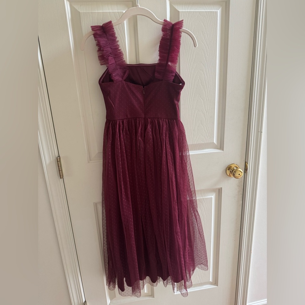 Divine Invitation Burgundy Tulle Swiss Dot Ruffled Midi Dress size XS - Picture 6 of 11